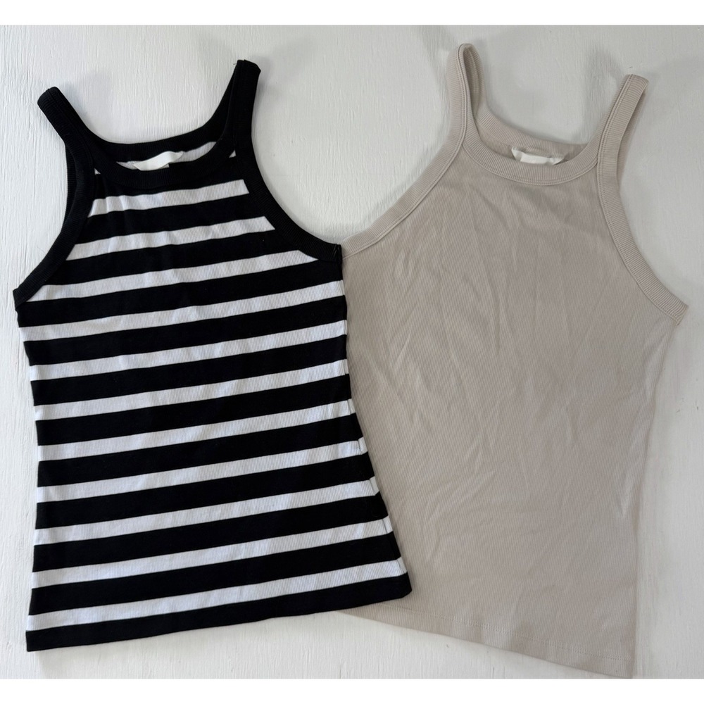 H&M High Neck Ribbed Tank Tops Black‎ & White Striped beige Women M Racerback